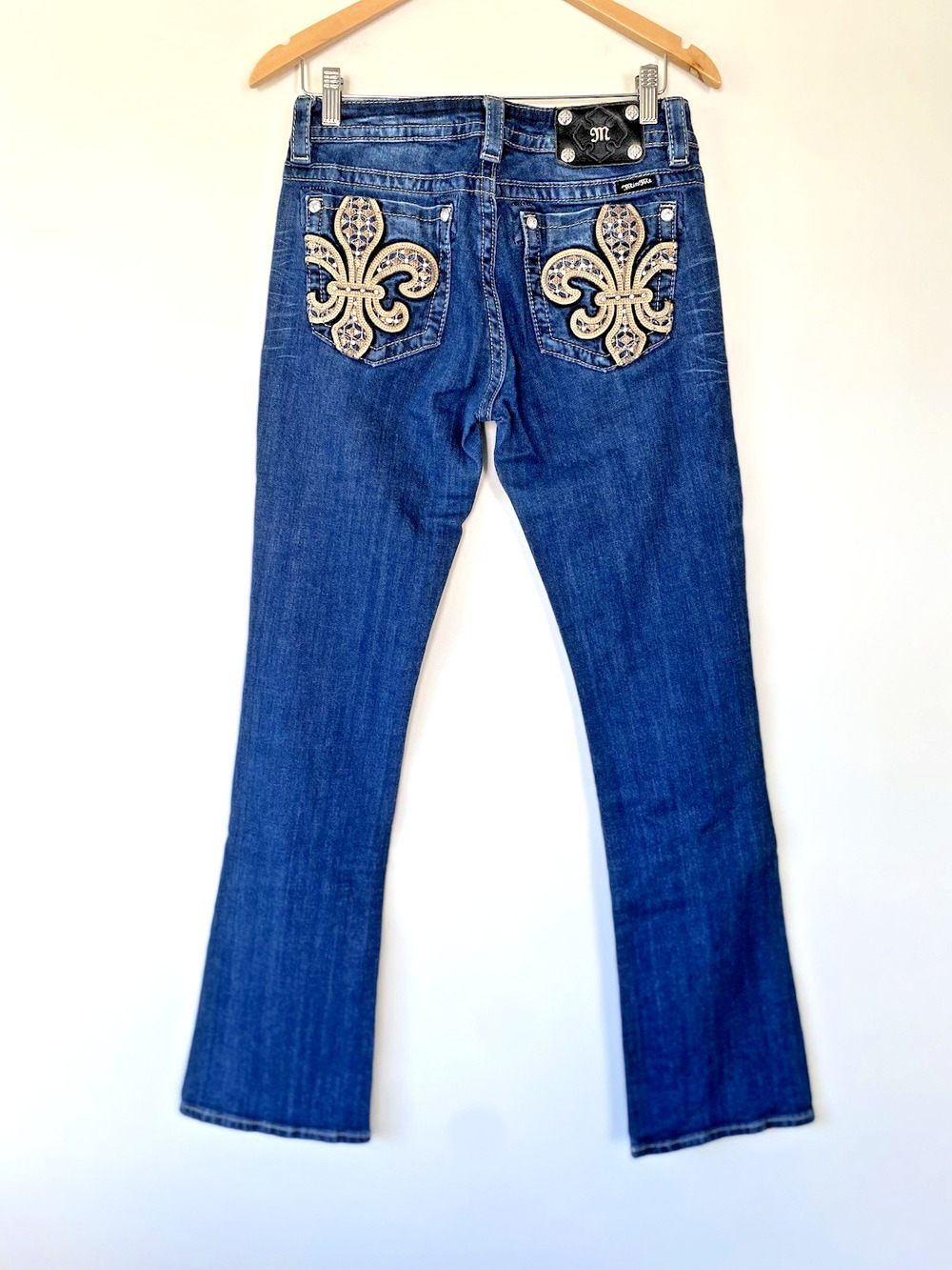 Miss Me Bootcut Jeans Womens 29x34 Fleur De Lis Rhinestone Distressed Western